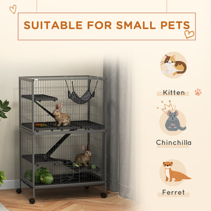 Chinchilla & Ferret Mobile Home - Small Animal Cage with Hammock & Wheels, Removable Tray in Silver Grey - Ideal for Kitten Care and Easy Mobility