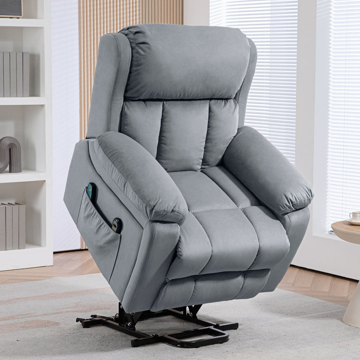 Power Lift Riser Recliner - Vibrating Massage, Heated Seating, Storage Pocket, Elegant Grey - Ideal for Elderly and Comfort Seekers