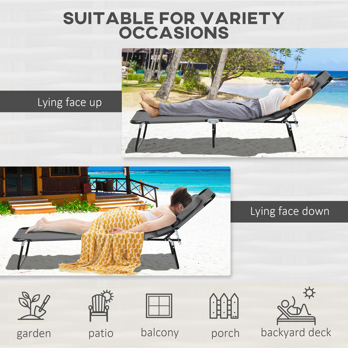 Foldable Sun Lounger Duo Pack - 4-Position Adjustable Reclining Chair with Pillow & Reading Hole, Dark Grey - Perfect for Patio Relaxation & Sunbathing