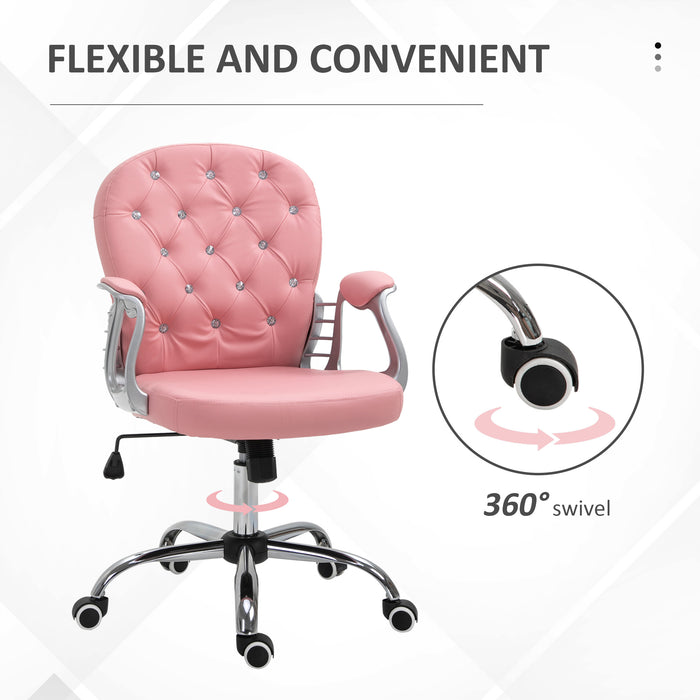 Ergonomic 360° Swivel Office Chair with PU Leather - Diamante Padded Base & 5 Castor Wheels in Pink - Perfect for Home Office Comfort