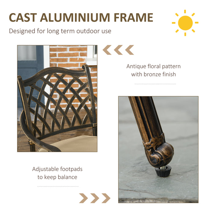 4-Seater Cast Aluminium Patio Dining Set - Antique Bronze Garden Table & Chairs with Cushions and Umbrella Hole - Elegant Outdoor Meal Space for Families