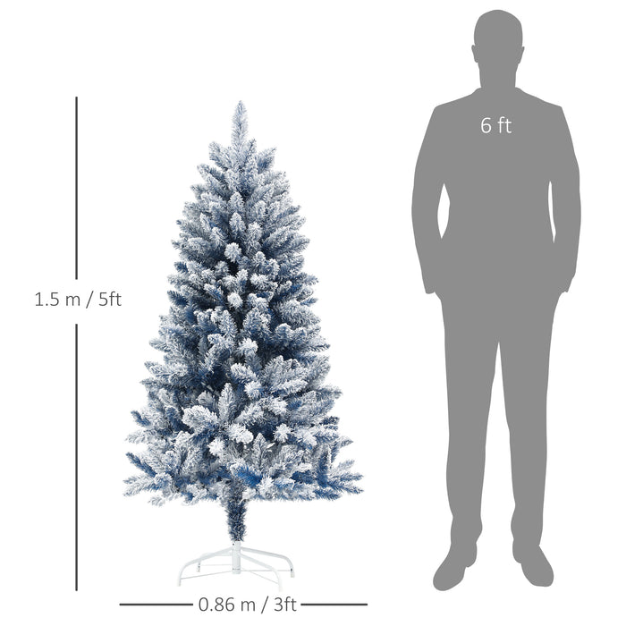 5ft Flocked Artificial Christmas Tree with Metal Stand - 450 Snow Frosted Tips & Blue Hinged Design - Perfect Snowy Xmas Decor for Holiday Season