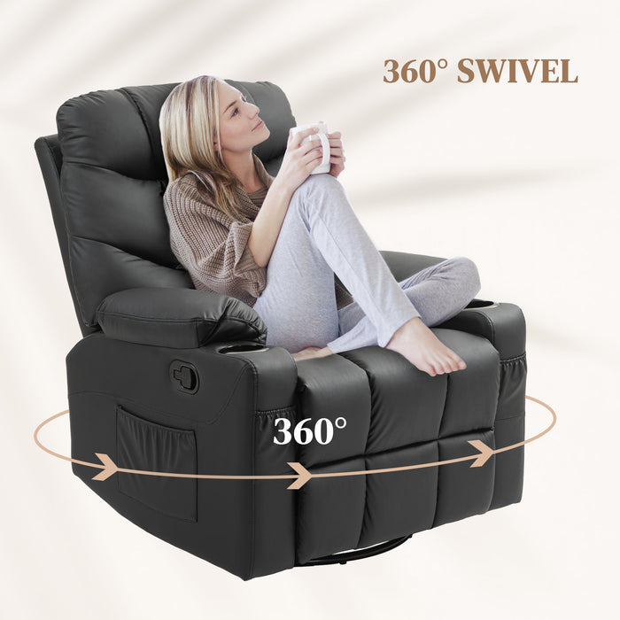 Luxury Faux Leather Swivel Recliner Chair - Manual Reclining Armchair with Built-In Footrest & Cup Holders - Comfortable Home Theater Seating for Living Room Relaxation