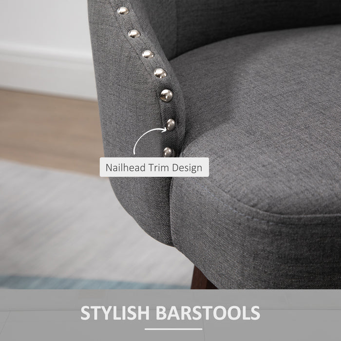 Nailhead Trim Bar Stools (Set of 2) - Rubber Wood Legs & Comfort Footrest, Dark Grey - Ideal for Breakfast Counters, Dining & Pub Areas