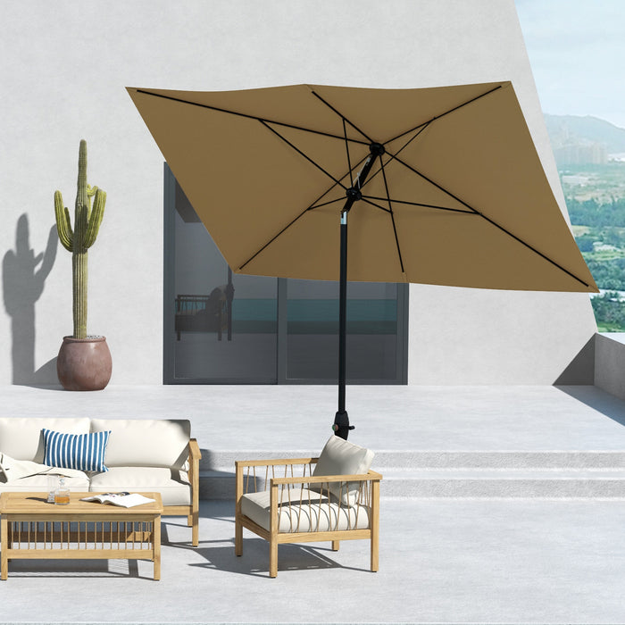 Rectangular Garden Parasol Umbrella 2 x 3m - Brown Aluminum Outdoor Market Sun Shade with Crank, Push Button Tilt, 6 Ribs - Ideal for Patio, Deck, Poolside Relaxation