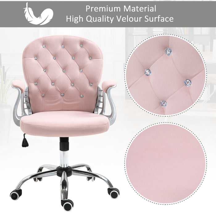 Ergonomic 360° Swivel Office Chair - Diamante Tufted Velour with Padded Base & 5 Castor Wheels in Pink - Perfect for Home Office Comfort & Style