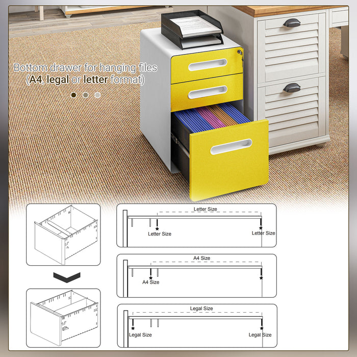 Vinsetto 3 Drawer Filing Cabinet, Steel Lockable File Cabinet with Lock and Wheels, for A4, Letter, Legal Sized Files, Yellow | Aosom UK