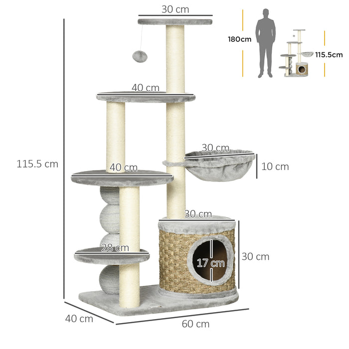 115cm Cat Climbing Tower - Multi-Level Kitten Activity Centre with Plush House, Hammock, Jute Scratching Post & Play Ball - Ideal for Indoor Cat Play & Lounge