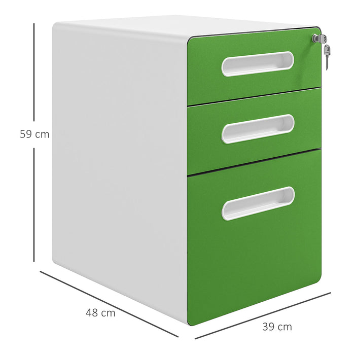 Vinsetto 3 Drawer Filing Cabinet, Steel Lockable File Cabinet with Lock and Wheels, for A4, Letter, Legal Sized Files, Green | Aosom UK