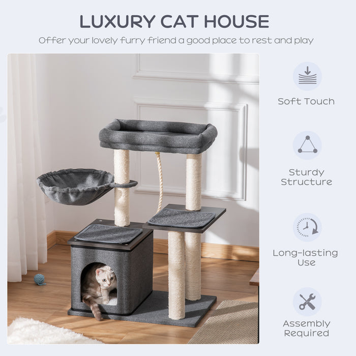 Cat Tree Tower for Climbing - Multi-Level Activity Center with Sisal Scratching Posts, Cozy Bed, Condo & Teasing Rope - Ideal for Kittens & Agile Cats, 60x40x83cm, Dark Grey