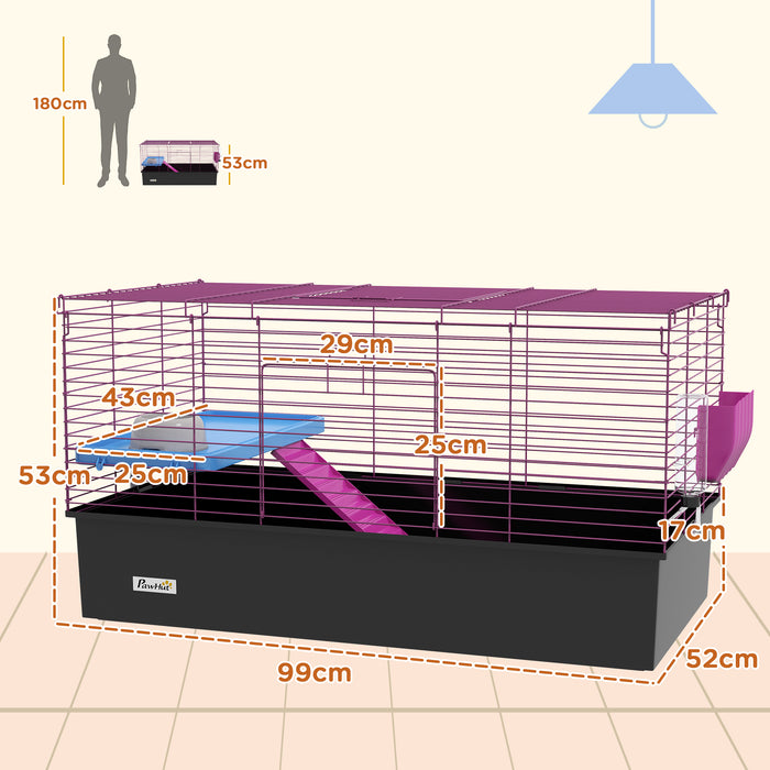 Small Animal Habitat - Sturdy Pet Cage with Platform and Ramp for Chinchillas, Rabbits, Guinea Pigs - 99x52x53 cm Playhouse in Sleek Black Design