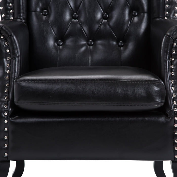 Antique High Back Chesterfield Armchair - Queen Anne PU Leather Fireside Chair with Cushion, Black - Elegant Seating for Living Room and Library