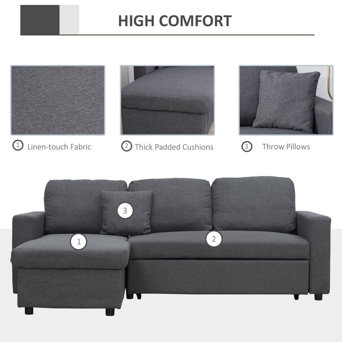 Convertible L-Shape Corner Sofa Bed with Storage - 3-Seater Dark Grey Pull-Out Couch with Reversible Chaise Lounge - Space-Saving Furniture for Living Rooms