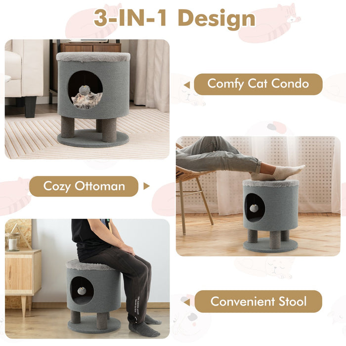 Cat Condo Stool for Indoor Cats with Scratching Posts and Plush Ball Toy-