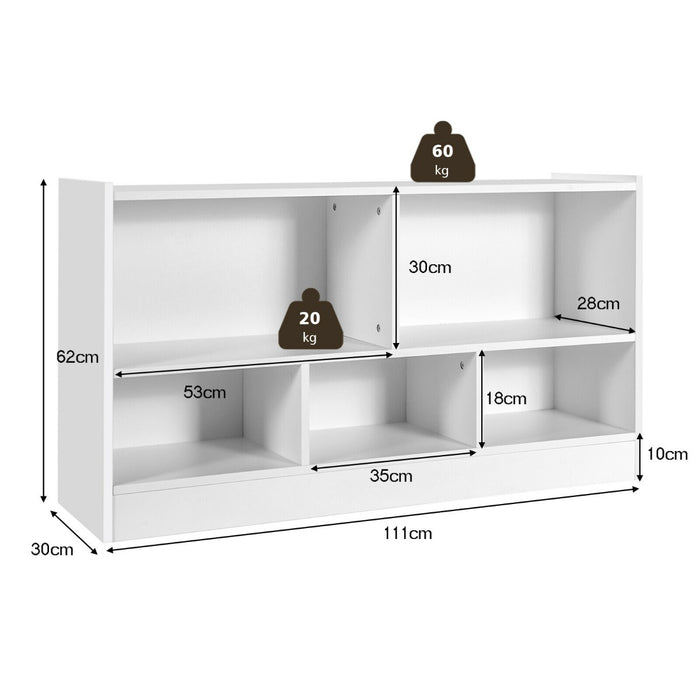 Wooden Bookcase - Two-Tier Design with Five Storage Cubes in White - Perfect for Organising Any Room or Office Space