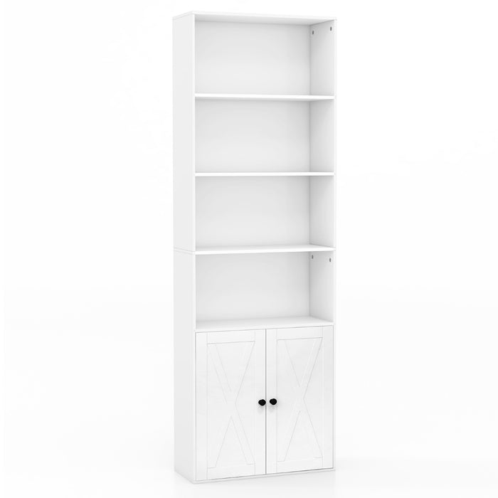 6-Tier Freestanding Bookcase with Farmhouse Style Cabinet Doors-White