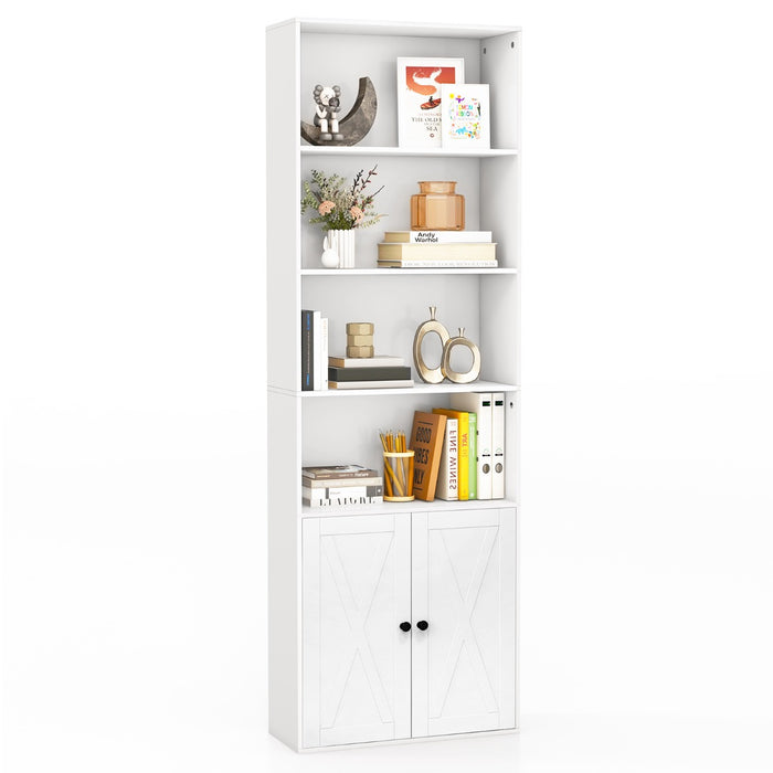 6-Tier Freestanding Bookcase with Farmhouse Style Cabinet Doors-White