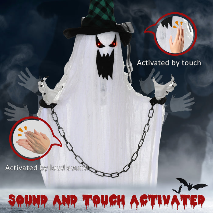 Aosom UK 80" Hanging Ghost - Outdoor Halloween Animatronic with Sound Activation, Light-Up Eyes & Spooky Effects - Ideal Prop for Haunted House and Halloween Events