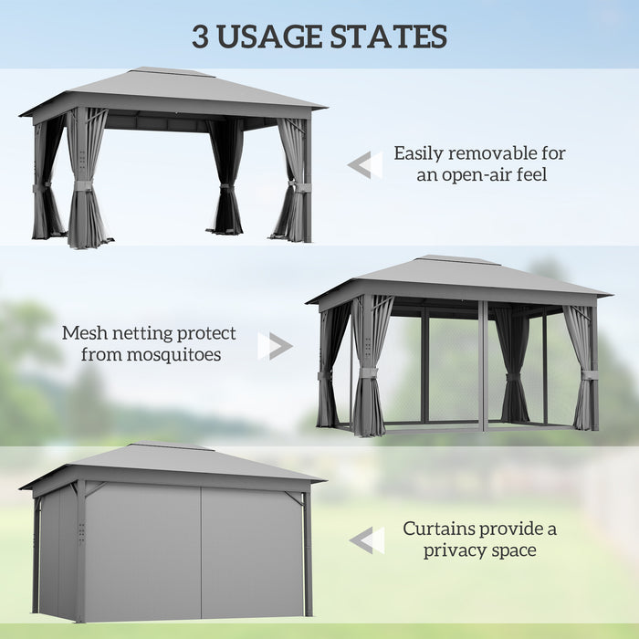 Aluminium Frame Patio Gazebo Canopy 4x3m - Vented Roof with Netting and Curtains in Grey - Ideal Outdoor Shelter for Garden and Deck Entertainment