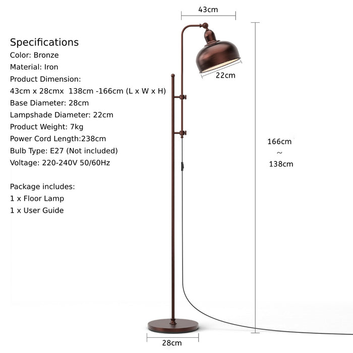 Industrial Floor Lamp - Adjustable Height and Head, Perfect for Home Office - Ideal for Task Lighting Needs