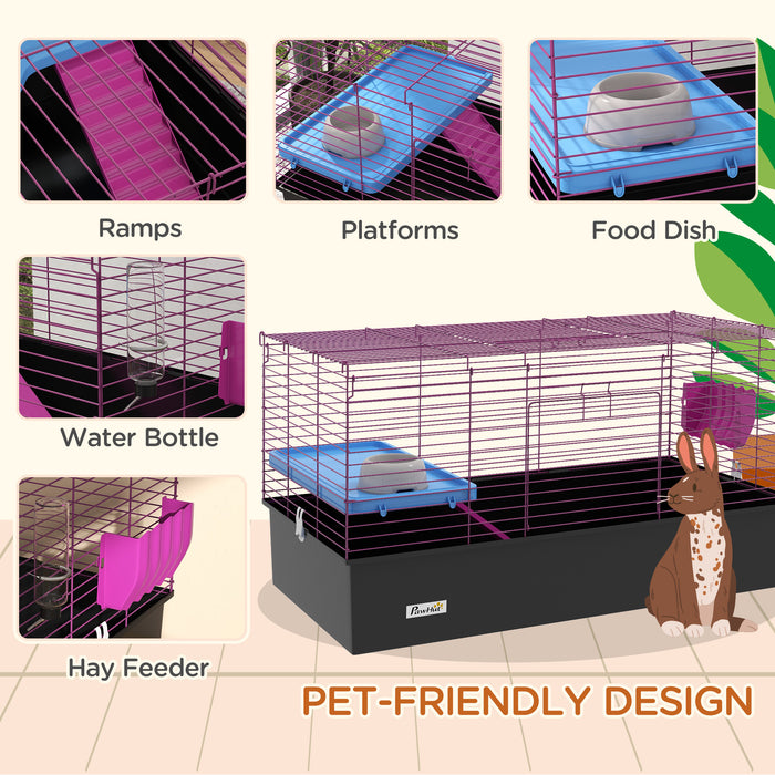 Small Animal Habitat - Sturdy Pet Cage with Platform and Ramp for Chinchillas, Rabbits, Guinea Pigs - 99x52x53 cm Playhouse in Sleek Black Design