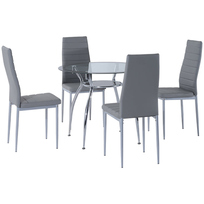 Round Glass Top Dining Set - Modern Kitchen Table with 4 Leather Upholstered Chairs - Ideal for Family Dining and Entertaining