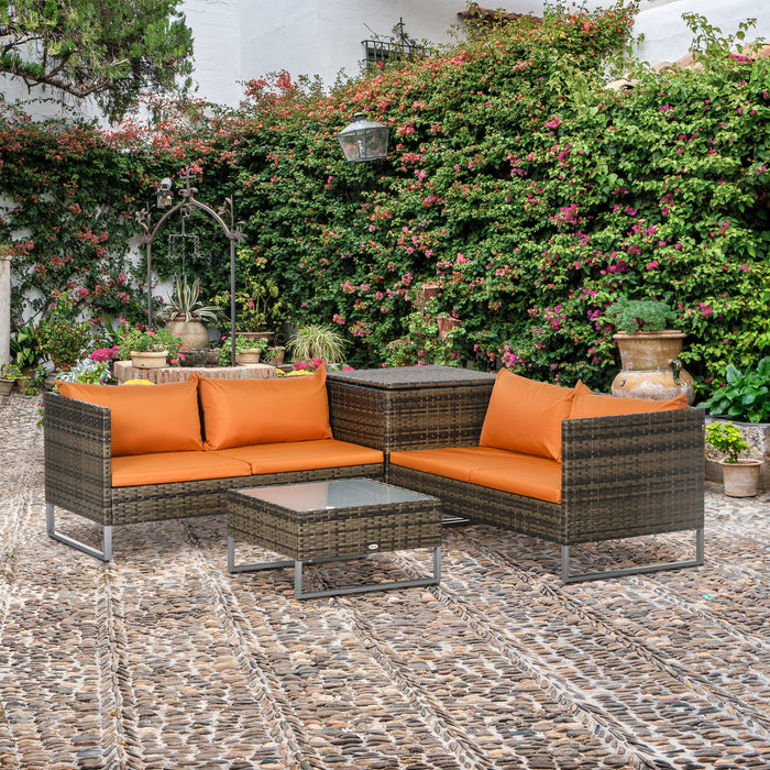 Outdoor Rattan Wicker Patio Set - 4 PCs Corner Sofa, Love Seat & Table with Storage - Cozy Orange Cushions for Garden Lounging