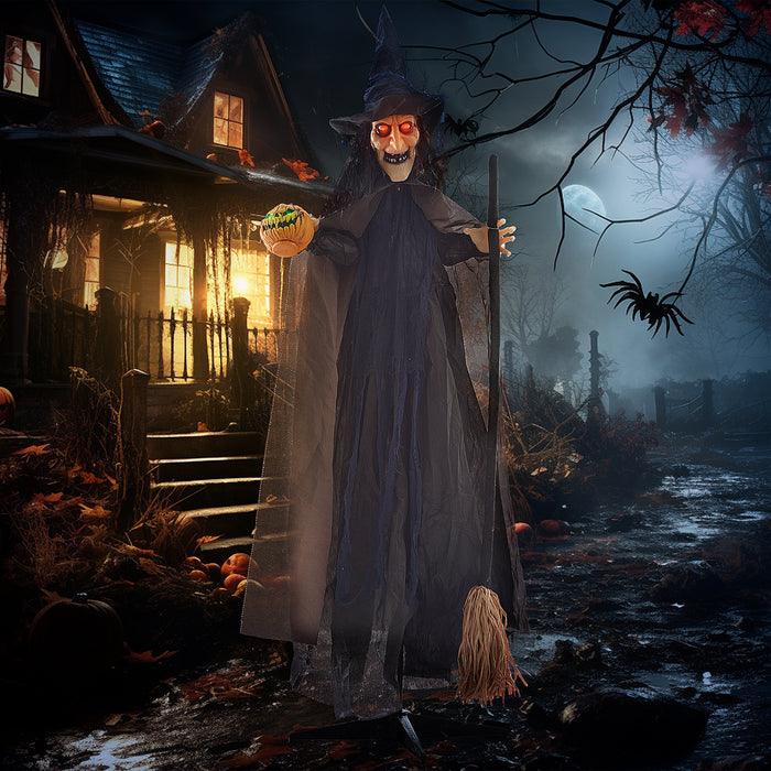 75" Sound-Activated Witch with Broomstick - Outdoor Halloween Animatronic Decoration with Light-Up Eyes and Spooky Sound Effects - Perfect for Haunted House Attractions and Festive Yard Displays