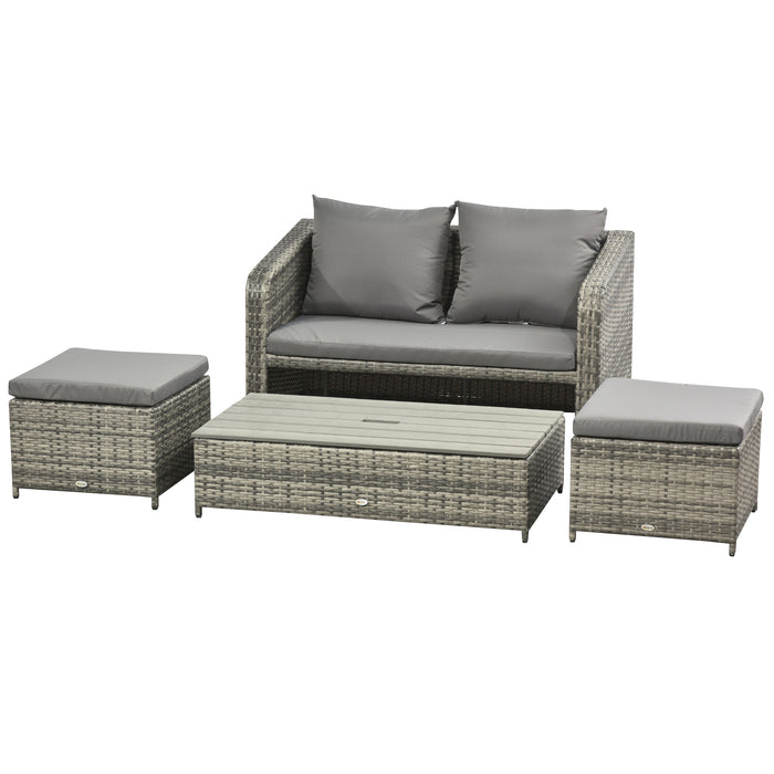 4-Piece Rattan Garden Furniture Set - Outdoor Wicker Conversation Patio Sofa with Footstools and Lift-Top Coffee Table, Grey - Perfect for Family Lounge and Social Gatherings