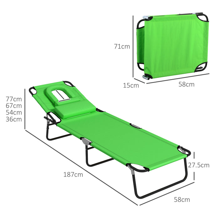 Outdoor Foldable Sun Lounger Set - 4-Level Adjustable Backrest, Pillow and Reading Hole, Green - Ideal for Patio Relaxation & Poolside Comfort