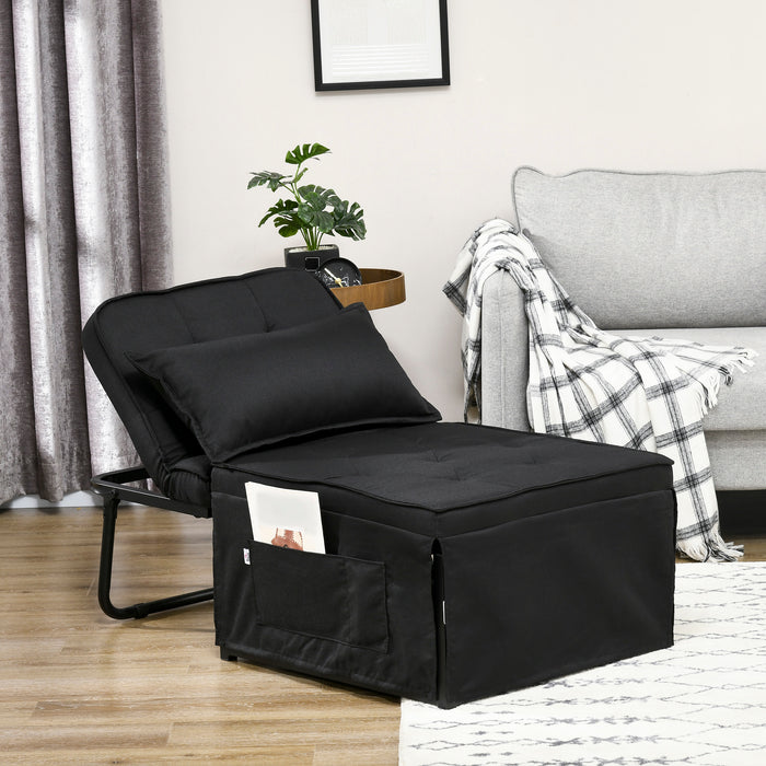 Folding Sleeper Chair with Adjustable Backrest - Convertible Chair Bed with Pillow and Side Pockets, Black - Ideal for Small Spaces and Guest Rooms