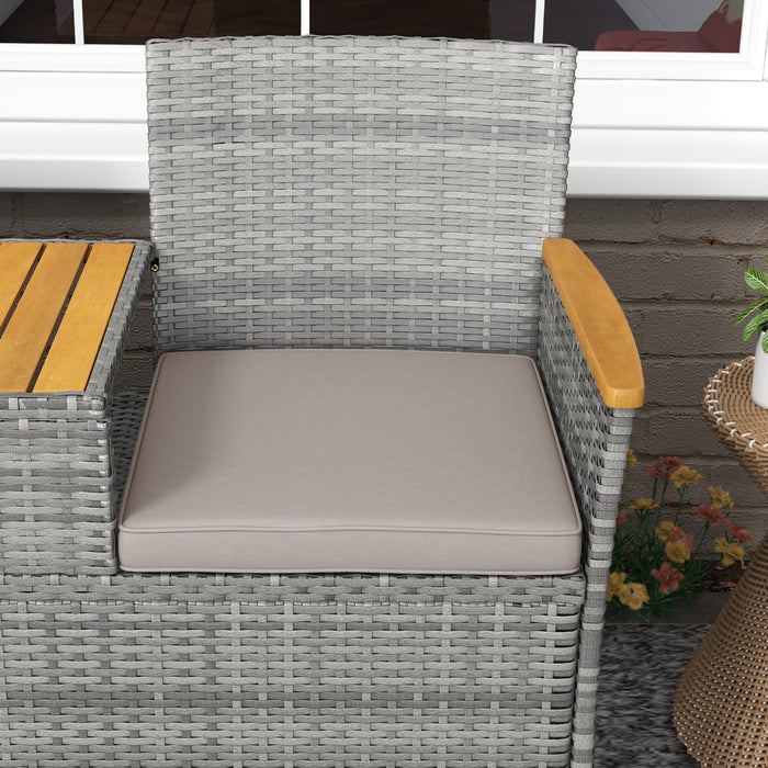 Rattan Two-Seater Loveseat with Integrated Wood-Top Table - Stylish Grey Outdoor Furniture - Perfect for Patio Conversation and Relaxation