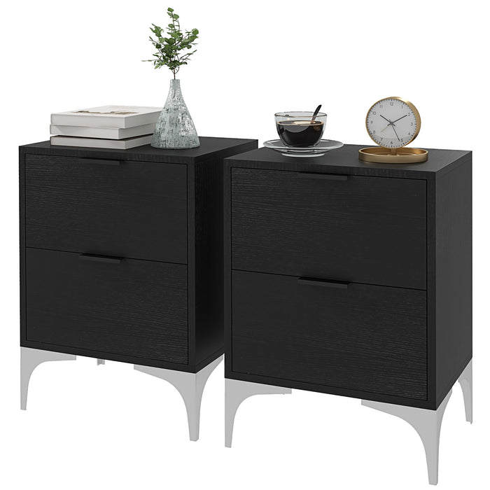 Modern 2-Drawer Nightstand Set - Small Bedside/Sofa End Tables with Steel Legs, Black - Ideal Bedroom and Living Room Storage Solution