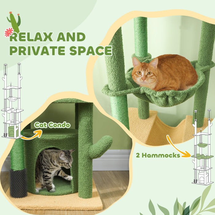 PawHut 225-255cm Height Adjustable Floor to Ceiling Cat Tree, Tall Cat Tower for Indoor Cats w/ Scratching Posts - Green | Aosom UK