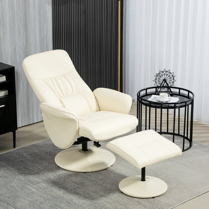 Swivel Recliner Chair & Ottoman Set - High Back PU Leather Lounge Armchair with Round Base - Comfortable Seating for Living Room, Cream White