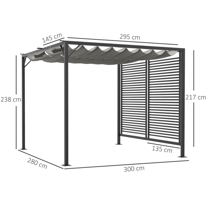 Outdoor Metal Pergola 3x2.8m - Retractable Fabric Roof in Elegant Grey - Ideal for Patio and Garden Shade Solutions