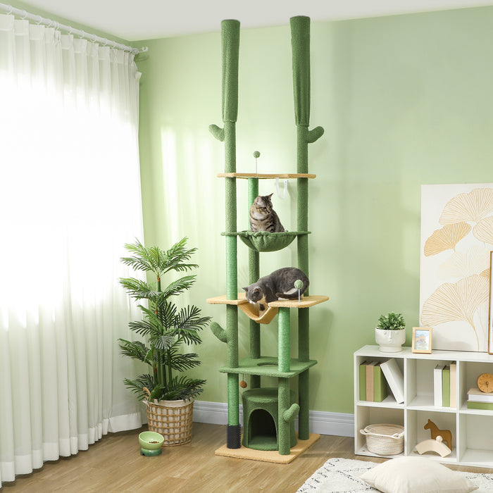 PawHut 225-255cm Height Adjustable Floor to Ceiling Cat Tree, Tall Cat Tower for Indoor Cats w/ Scratching Posts - Green | Aosom UK