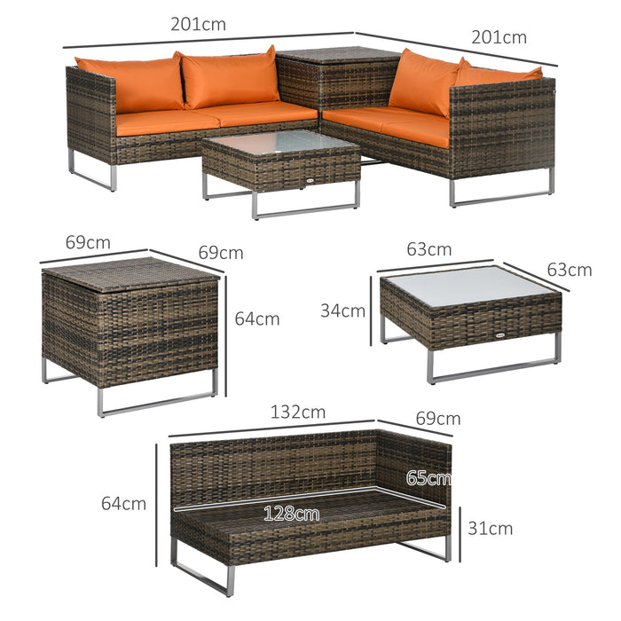 Outdoor Rattan Wicker Patio Set - 4 PCs Corner Sofa, Love Seat & Table with Storage - Cozy Orange Cushions for Garden Lounging