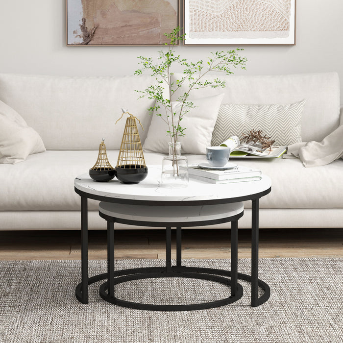 Industrial Nesting Coffee Table Set - Round Faux Marble Top with Sturdy Steel Frame - Ideal for Living Room Space Optimization