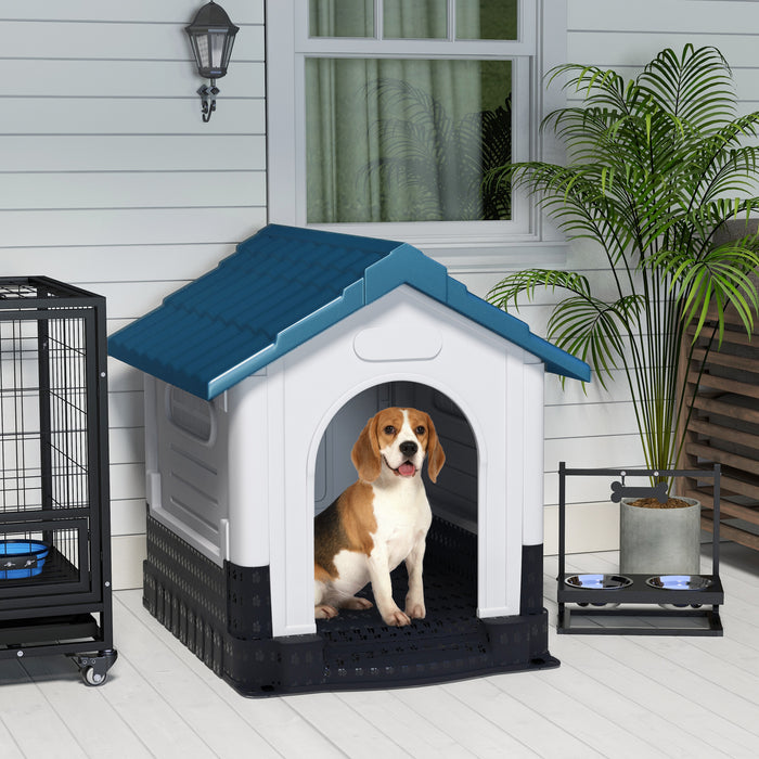 Durable Plastic Dog House with Ventilated Windows - Spacious Kennel for Medium and Large Breeds, Perfect for Outdoor Patio & Garden Use - 101x88x99cm in Blue