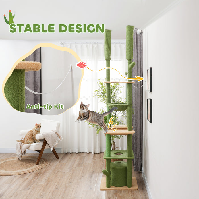 PawHut 225-255cm Height Adjustable Floor to Ceiling Cat Tree, Tall Cat Tower for Indoor Cats w/ Scratching Posts - Green | Aosom UK