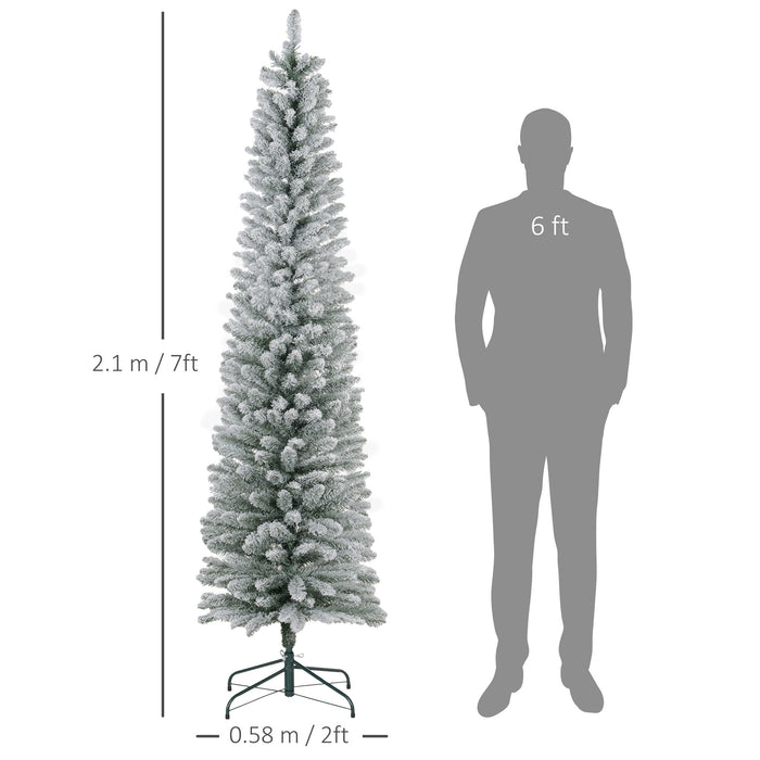 7ft Snow Flocked Pencil Christmas Tree - 405 Realistic Tips with Sturdy Metal Base - Space-Saving Design for Holiday Decor