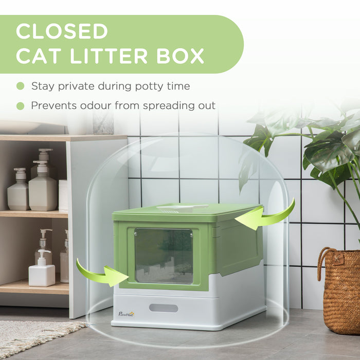 Portable Hooded Cat Litter Box with Scoop - Lime Green Front Entry Pet Toilet - Ideal for Indoor Cat Privacy and Odor Control