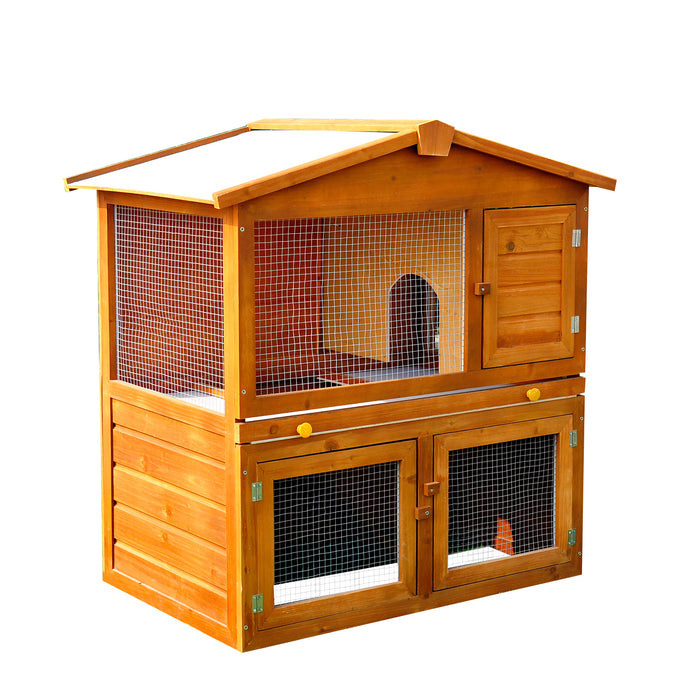 2-Tier Wooden Rabbit Hutch with Run Ramp - Spacious Guinea Pig & Ferret Cage Coop with Sliding Tray, 94x97x61cm - Ideal Pet Shelter for Bunnies and Small Animals