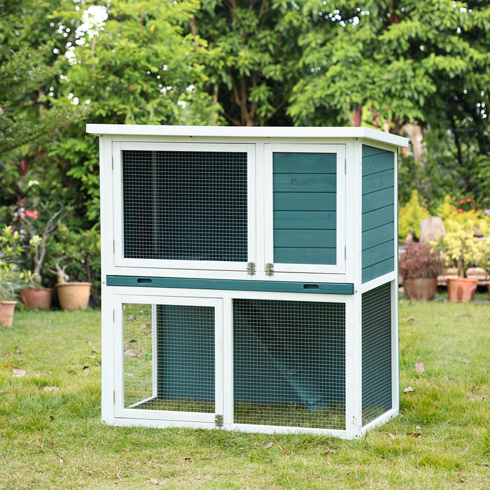 2 Tier Wooden Rabbit Hutch - Guinea Pig and Bunny Cage with Slide-out Tray, Outdoor Animal House - Ideal for Small Pets, 104x58x110cm, Green