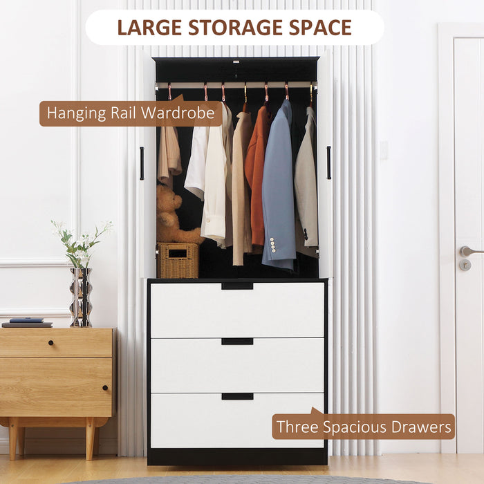 Bedroom Ensemble with Wardrobe and Hanging Rod - 4-Drawer Chest & Dual Bedside Tables with Storage, White/Black - Complete Bedroom Furnishing Solution for Organized Living