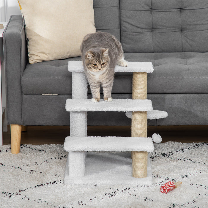 3-Step Pet Staircase with Scratching Posts and Play Platforms - Climbing Ladder with Toy Ball for Interactive Play - Perfect for Aging Cats and Kittens, White