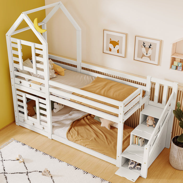 Solid Pine Wood Twin Sleeper with Storage - Cabin Bunk Bed with Built-in Staircase, Cupboards, and Underbed Drawers, 235x97x217 cm in White - Ideal Space Saver for Kids' Bedroom