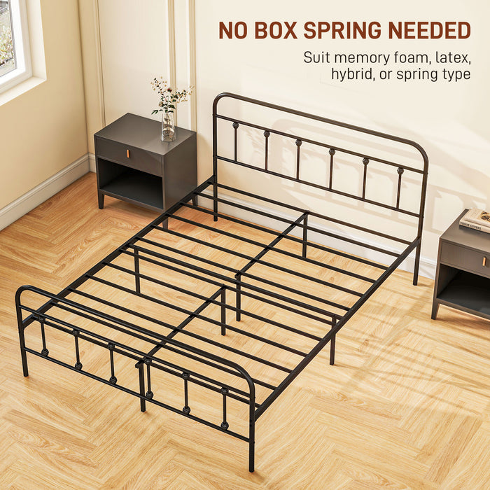 Double Platform Bed Frame with Tall Headboard and Underbed Storage - 4ft Steel Slat Support, No Box Spring Required - Ideal for Easy Assembly and Space-Saving