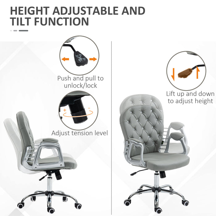 Ergonomic 360° Swivel Office Chair - PU Leather with Diamante Detailing & Padded Base, 5 Castor Wheels - Comfortable Seating Solution for Home and Office Workers, Grey